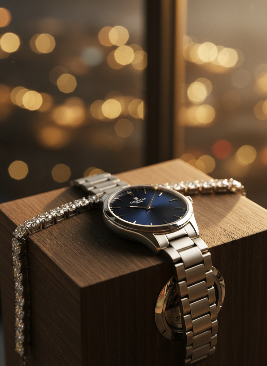 A close-up, photographic realism shot of an elegant mechanical wristwatch and a diamond tennis bracelet arranged on a dark smoked-oak display block. The watch features a slim polished steel case, deep midnight-blue sunburst dial, and finely brushed link bracelet, with visible movement through a sapphire caseback reflection. Behind, the bracelet’s perfectly matched stones catch the light. Soft golden hour window light from the right creates crisp highlights on the metal and subtle sparkle on each gem, while the background fades into a warm, defocused bokeh reminiscent of Tuzla–Istanbul’s marina lights. Captured at a slightly elevated three-quarter angle with shallow depth of field, the mood is sophisticated, timeless, and curated, emphasizing artisan craftsmanship and detail rather than mass-market luxury.